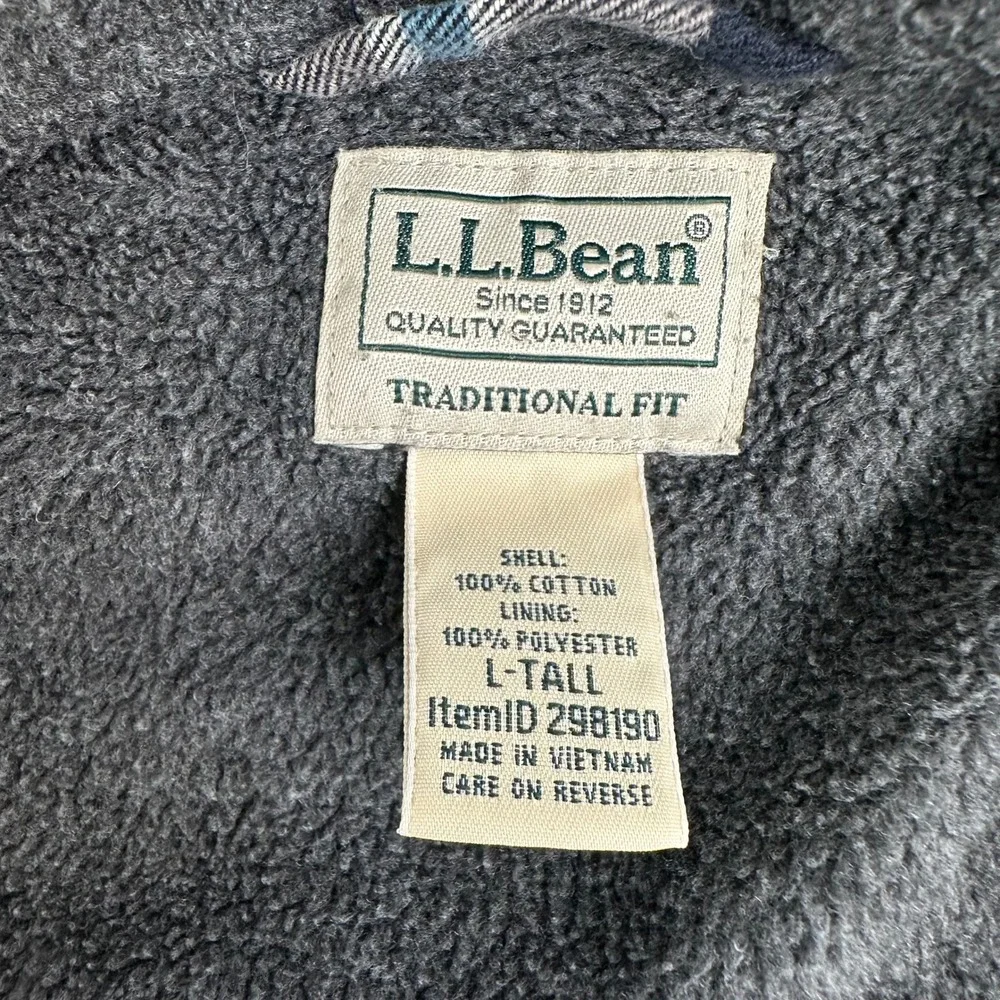 LL Bean Fleece Lined Flannel Shirt Jacket Mens L Tall Navy Blue Plaid 298190